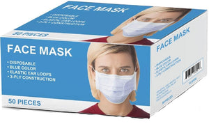 Disposable General Purpose Face Masks, 3-Ply, Elastic Ear Loops, Blue, 50/Box