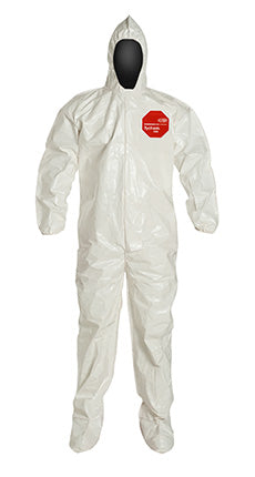 DuPont™ Tychem® 4000 Coverall. Standard Fit Hood, Elastic Wrists, Attached Socks, Storm Flap with Adhesive Closure, White (SL122BWH)